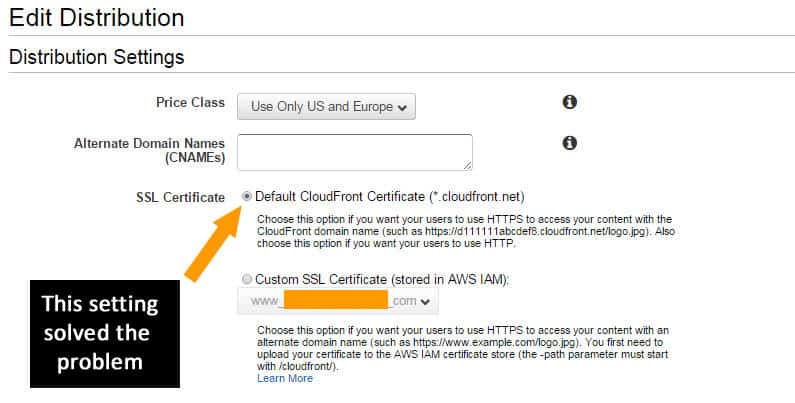 Amazon AWS Cloudfront Settings for SSL Certificate text