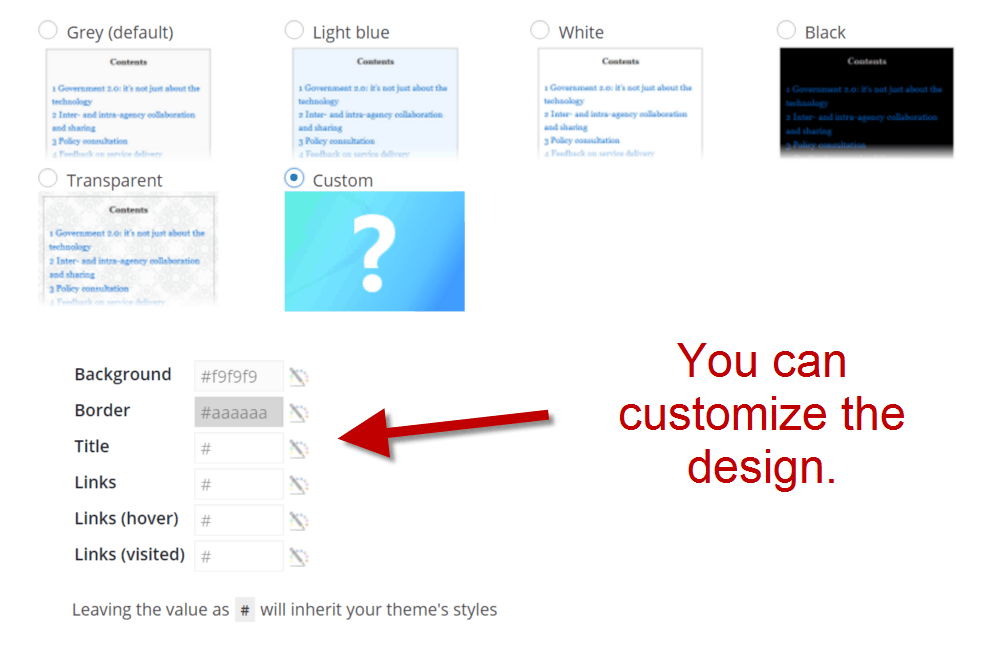 Design and templates of Table of Contents Plus Plugin