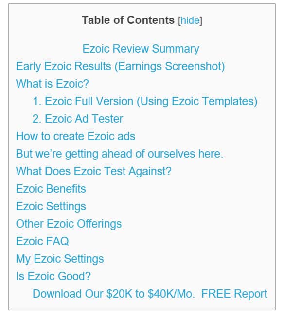 Ezoic Review Screenshot of the Table of Contents