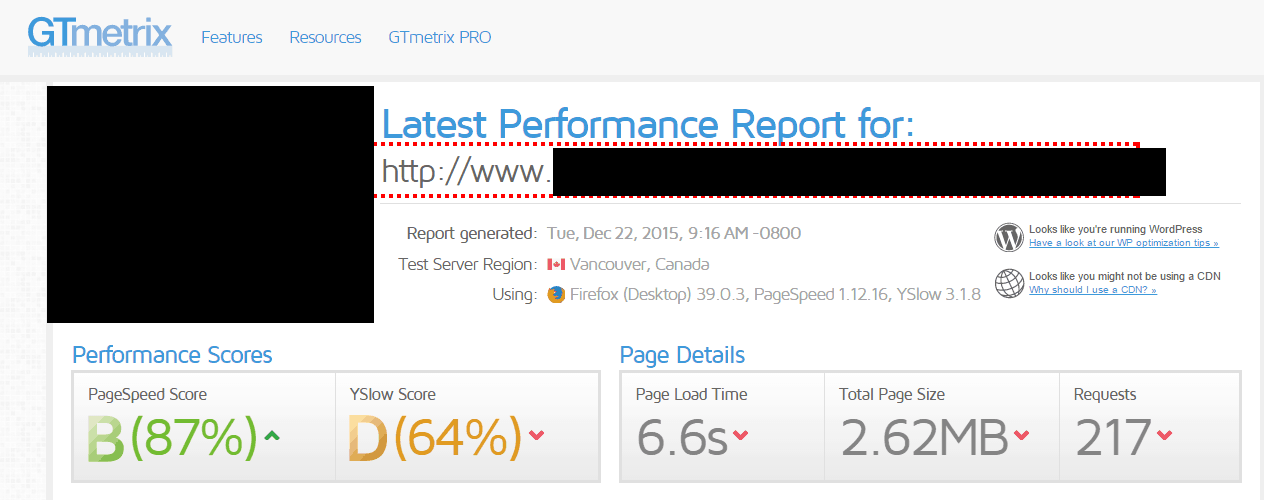 Site B URL #2 Tested on GTMetrix (WPEngine):