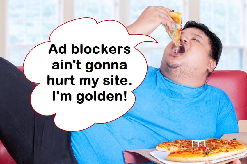 website publisher eating on sofa not worried about ad blockers