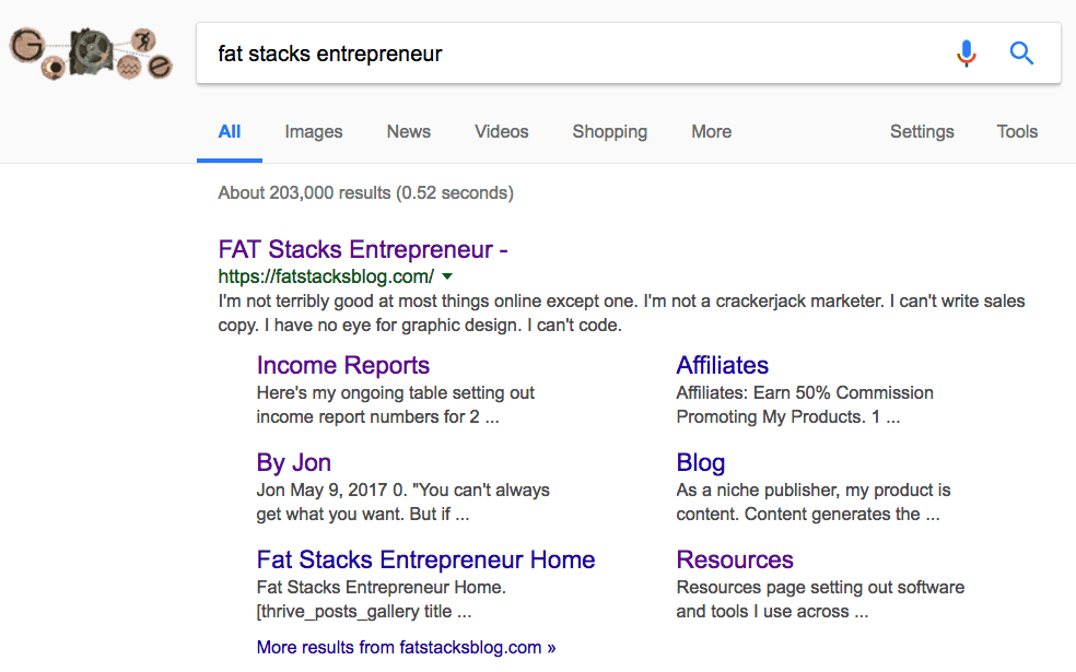 Fat Stacks blog search in Google search engine