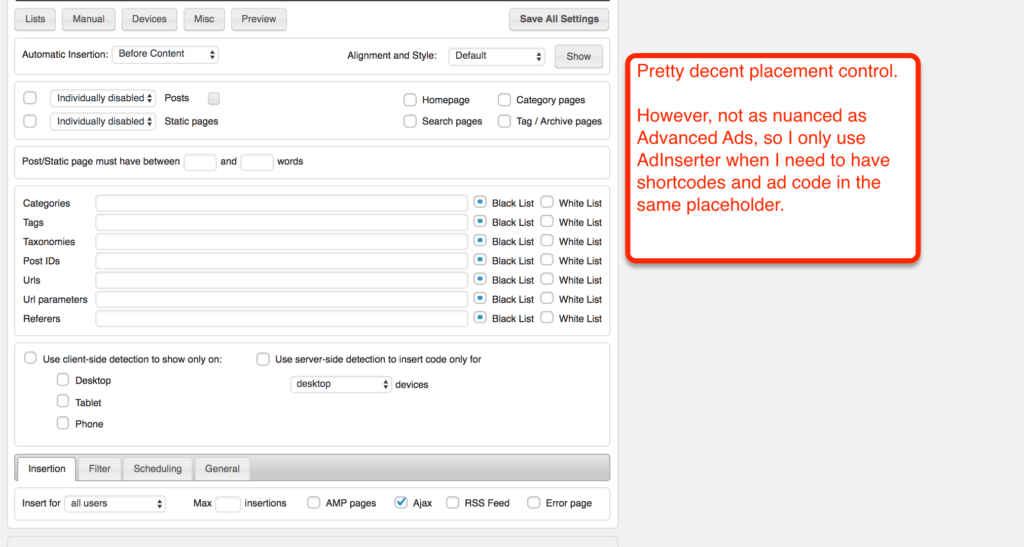 AdInserter Plugin Placement Options Screenshot