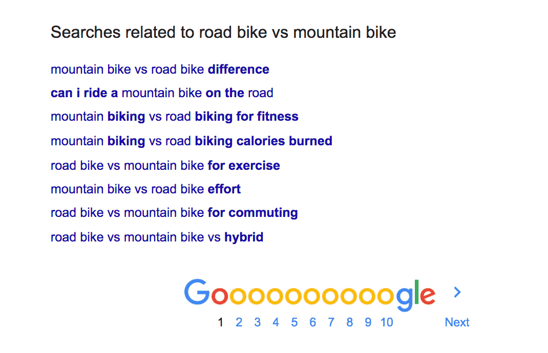 Road bike vs mountain bike related searches in Google for keyword research