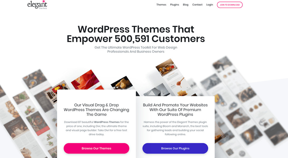 Elegant Themes home page for themes and plugins