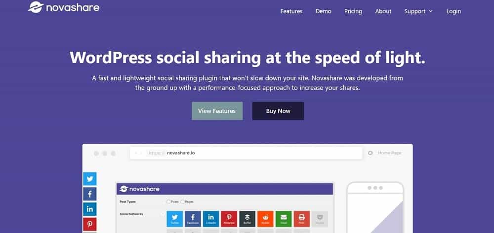 A screenshot of the Novashare social media sharing button plugin homepage.