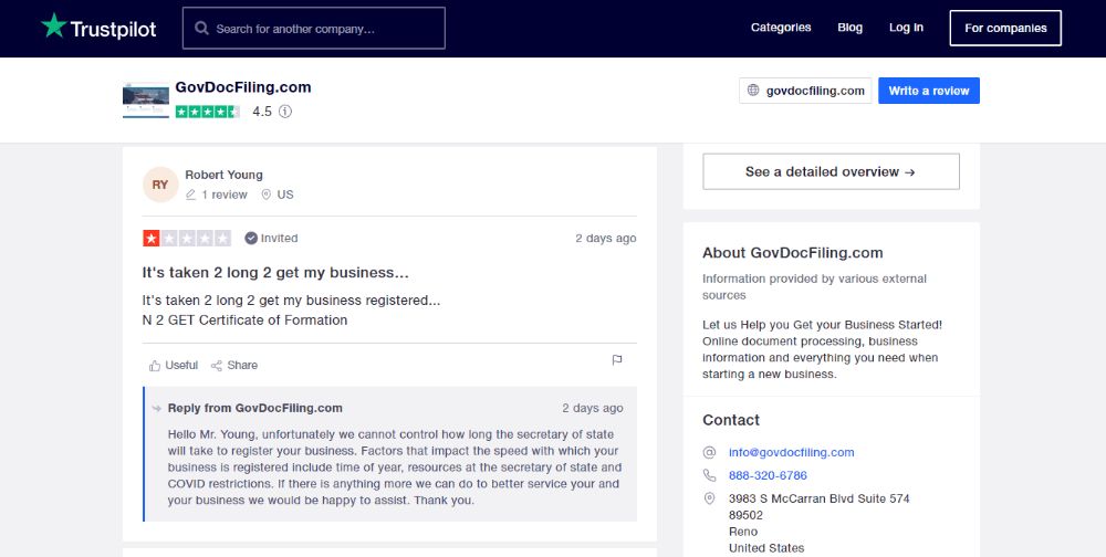GovDocFiling Customer Review on TrustPilot.