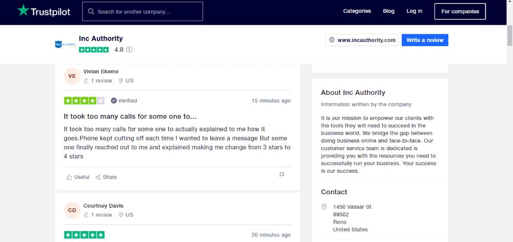 Inc Authority Customer Review on TrustPilot.