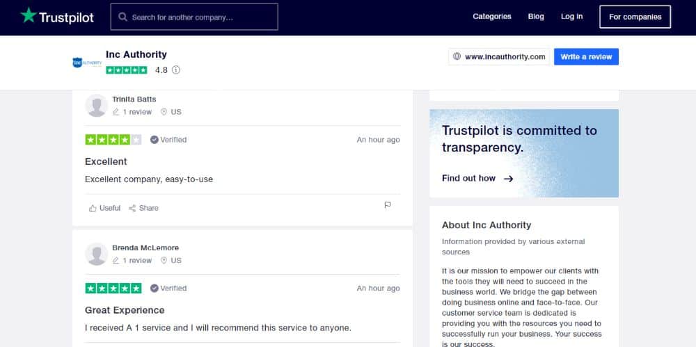 Inc Authority Review on TrustPilot.
