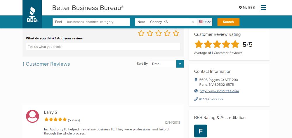 Inc Authority Customer Review on BBB.