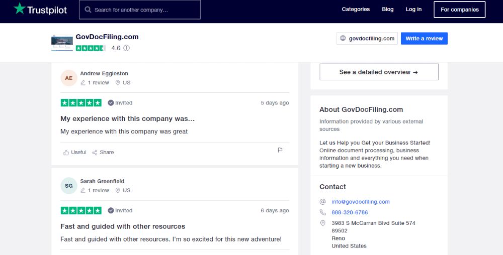 GovDocFiling Review on TrustPilot.