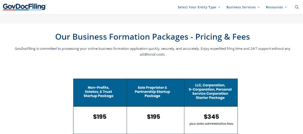 GovDocFiling Business Formation Packages.