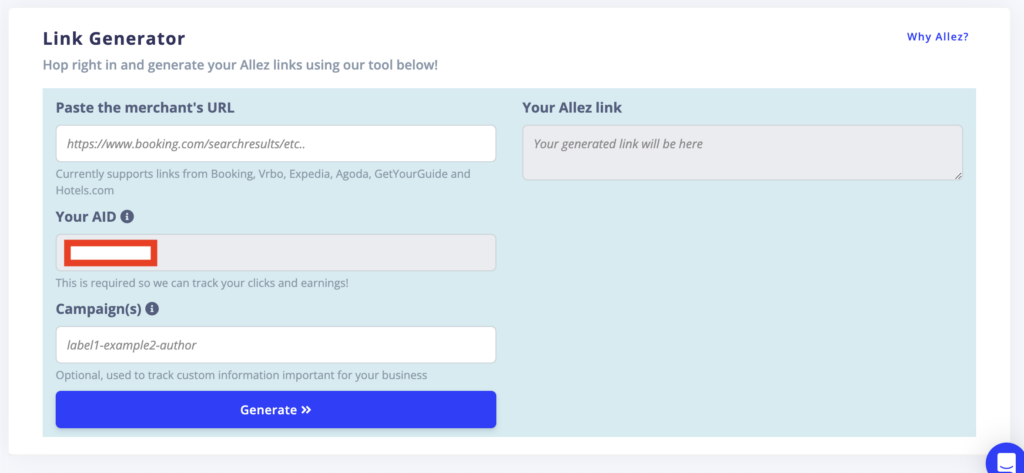 Stay22 affiliate link creator screenshot